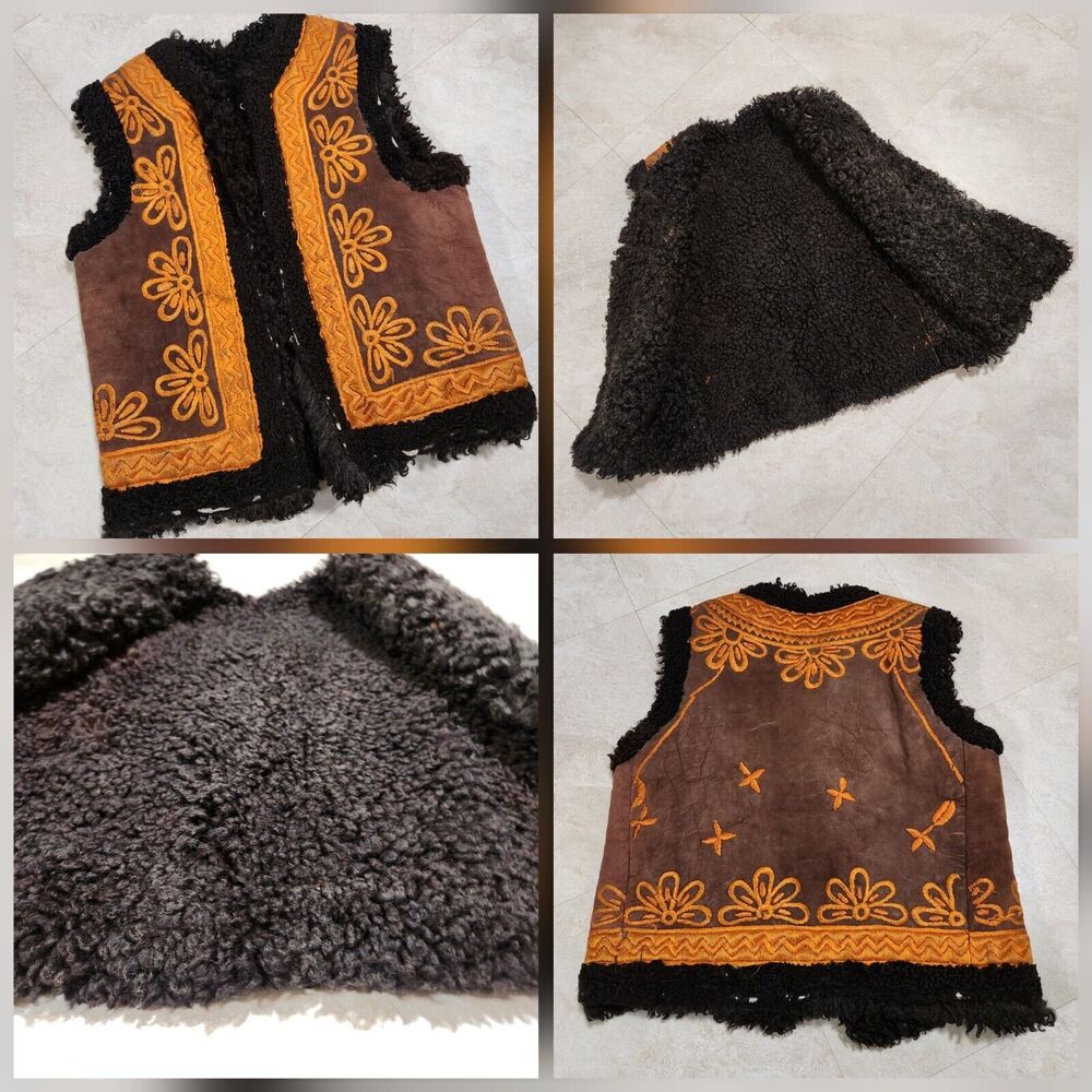 VTG Afghan Vest Womens Waistcoat Brown Lamb Skin Wool Suede Embroidered READ